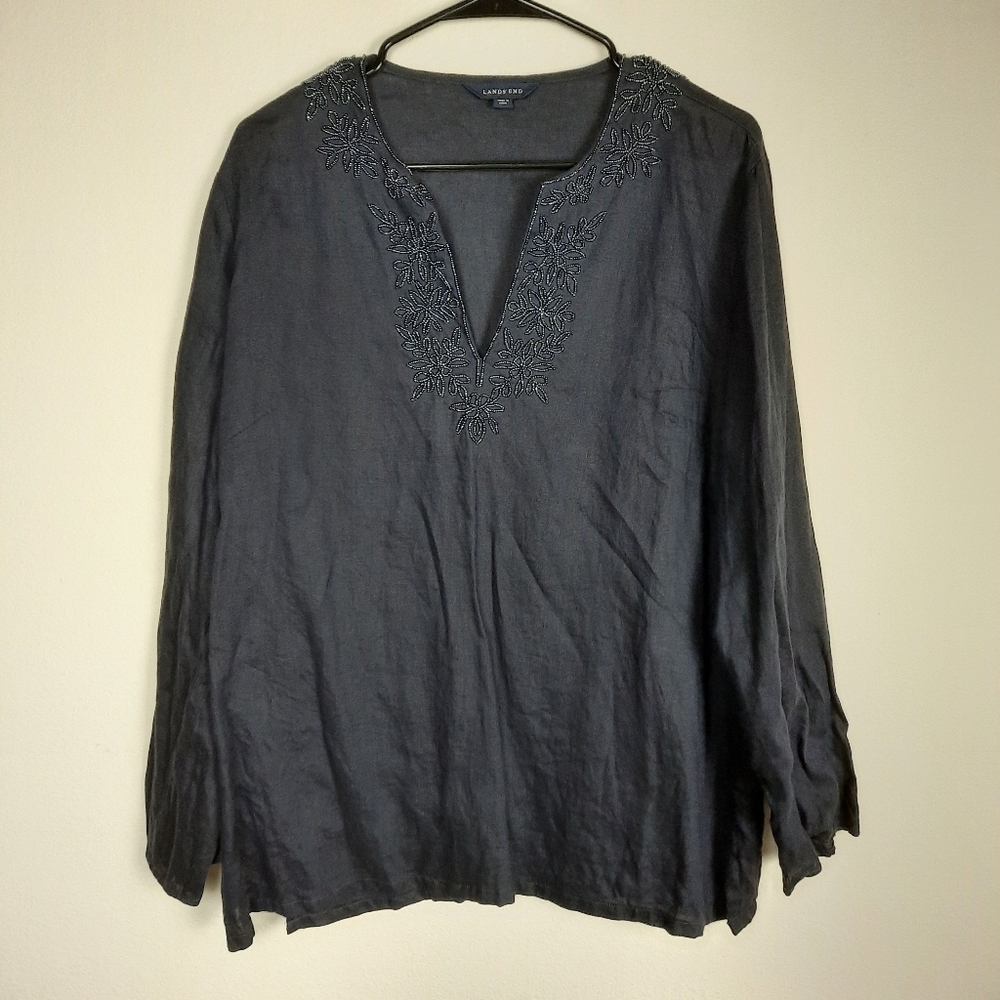 Lands'End Women Blue Beaded V neck Linen Tunic L/P